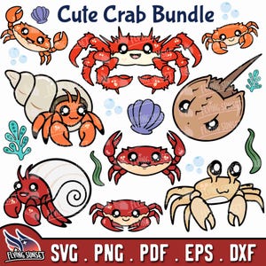 Niedliche Krabbe SVG, Einsiedlerkrebs Clipart Bundle, Königskrabbe, Kawaii Dungeness Krabbe, Krebs, Unterwassertier Schnittdatei, Hufeisen Krabbe PNG