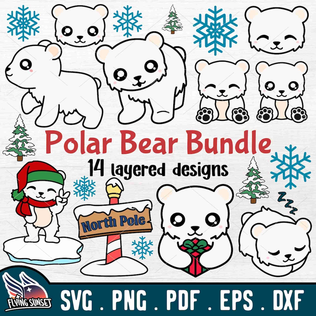 Polar Bear SVG Bundle, Kawaii Polar Bear Clipart, Arctic Animal Sicker ...