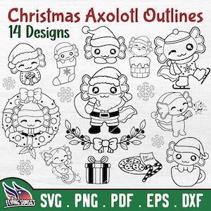 Boże Narodzenie Axolotl Kontur SVG, Uroczy Axolotl PNG, Kolorowanka Mikołaja Clipart, Łyżwiarstwo Zwierzę, Wesołych Świąt, Pończocha pdf DXF