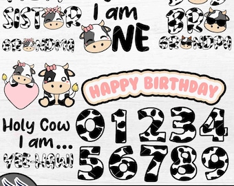 Cute Family Cow Birthday SVG PNG, 1st Birthday Girl Boy Clipart, Cricut Cut File Farm Animal, Holy Cow I am One, Mom Dad Farm Bundle pdf DXF