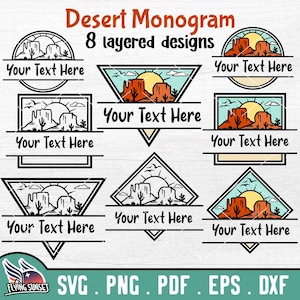 Wüste Monogramm SVG, Western Landschaft Aufkleber, Südwesten Silhouette Logo, Kaktus Cut File, Desert Tumbler Wrap, anpassbarer Name Pdf PNG DXF