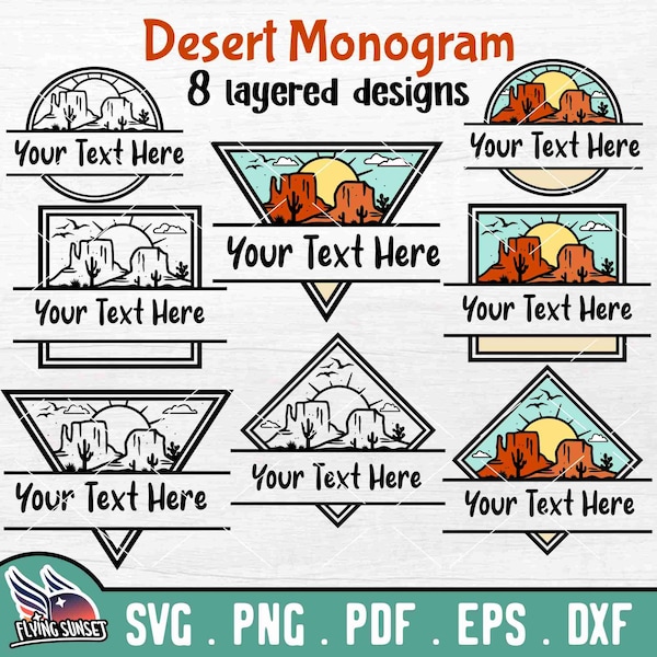 Desert Monogram SVG, Western Landscape Decal, Southwest Silhouette Logo, Cactus Cut File, Desert Tumbler Wrap, Customizable Name pdf PNG DXF