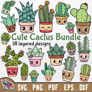 May include: A set of 18 layered designs featuring cute cartoon cactus illustrations in various styles and colors. The designs include a variety of cactus shapes, sizes, and expressions. The text "Cute Cactus Bundle 18 layered designs" is included in the image.
