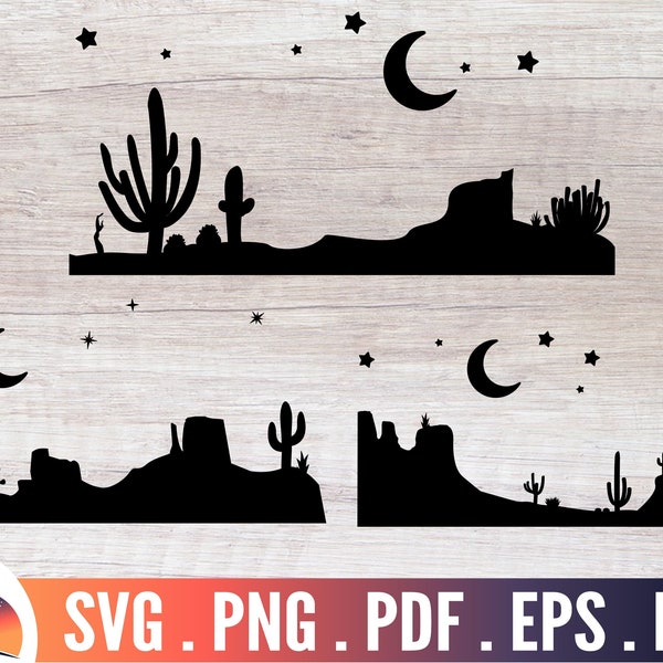 Desert night svg, desert svg, Cactus svg, desert landscape svg, desert silhouette, cactus silhouette, desert bundle, desert cut file