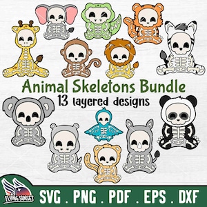 Animal Skeleton SVG PNG, Layered Safari Animal Cut File Clipart, Zoo Crew Halloween Bundle, Xray Bone Skull, African Savanna, Lion Tiger DXF
