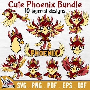 Joli Phoenix SVG PNG Bundle, Clipart oiseau de feu, fichier de coupe Cricut en couches, vinyle oiseau Kawaii, créature mythique cryptide plume, 3D Phoenix DXF
