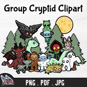 Cryptid Gruppe Clipart, Bigfoot und Freunde, Jersey Teufel, Mothman Aufbügeln, Yeti PNG, Nightcrawlers JPG, Jackalope, Flatwoods Monster Alien