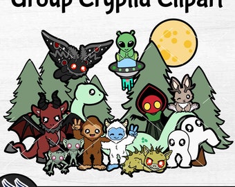 Cryptid group Clipart, Bigfoot and Friends, Jersey Devil, Mothman Iron On, Yeti PNG, Nightcrawlers JPG, Jackalope, Flatwoods Monster Alien