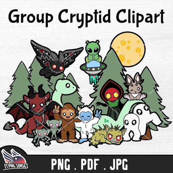 Cryptid group Clipart, Bigfoot and Friends, Jersey Devil, Mothman Iron On, Yeti PNG, Nightcrawlers JPG, Jackalope, Flatwoods Monster Alien