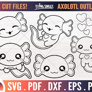 Axolotl Outline SVG, Cute Axolotl PNG, Axolotl Coloring Page, Kawaii Clipart Bundle, Animal Onesie, Birthday Shirt, Cricut Cut File eps DXF