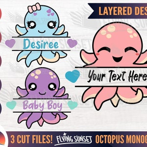 Niedliche Krake Monogramm SVG, Baby Octopus svg, Kawaii Ozean Clipart Bundle, anpassbare Split Namen Aufkleber, Tintenfisch Cricut geschnitten Datei dxf PNG EPS