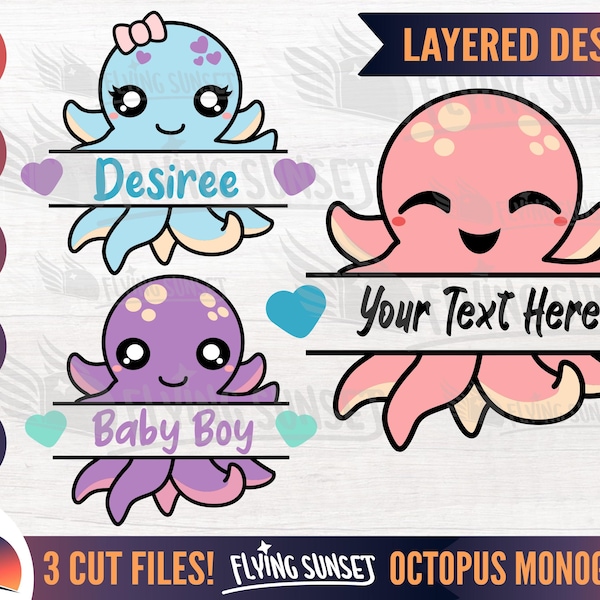 Cute Octopus Monogram SVG, Baby Octopus svg, Kawaii Ocean Clipart Bundle, Customizable Split Name Decal, Squid Cricut Cut File dxf PNG EPS