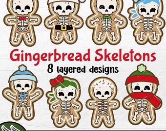 Gingerbread Skeleton SVG, Layered Clipart PNG, Halloween Xray Tech Gift, Kawaii Cricut File, Digital Cut Out Girl Santa, Cookie Sweet DXF