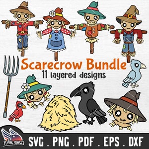 May include: A set of 11 layered digital designs featuring cute cartoon scarecrows, crows, a bird, and a pile of hay. The designs are perfect for crafting projects, scrapbooking, and more.  The text "Scarecrow Bundle 11 layered designs" is included in the image.