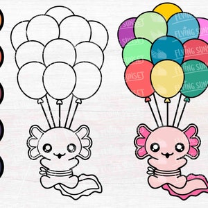 Ballon Axolotl SVG Cut File, Leuke Axolotl Outline, Verjaardag Shirt Vinyl, Kleurplaat, Kawaii Sticker Download PNG, Cricut Silhouet DXF
