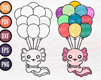 Può includere: Un disegno in bianco e nero di un axolotl che tiene un mazzo di palloncini. L'axolotl ha un viso da cartone animato carino e indossa un nastro intorno alla vita. I palloncini sono tutti rotondi e non hanno segni. L'axolotl galleggia nell'aria.