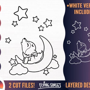 Süßer Wolf Umriss geschnitten Datei, Baby Wolf heulen auf Mond SVG, Malseite, Kawaii Wald Tier Silhouette, Cricut Vinyl Body, Shirt PNG DXF
