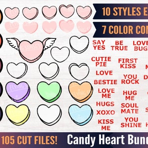 キャンディ ハート SVG バンドル、会話ハート クリップアート、Cricut カット ファイル PNG、バレンタインデー スイート アウトライン、インスタント ダウンロード シルエット DXF