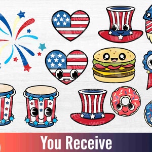 Puede incluir: Un conjunto de 10 im&aacute;genes de clipart digital con temas patri&oacute;ticos estadounidenses. Las im&aacute;genes incluyen un coraz&oacute;n, una hamburguesa, una dona, fuegos artificiales, un sombrero de copa, un cohete y dos tambores. Todas las im&aacute;genes son en rojo, blanco y azul.