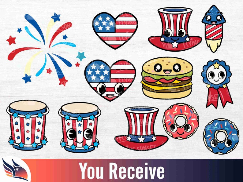 Puede incluir: Un conjunto de 10 im&aacute;genes de clipart digital con temas patri&oacute;ticos estadounidenses. Las im&aacute;genes incluyen un coraz&oacute;n, una hamburguesa, una dona, fuegos artificiales, un sombrero de copa, un cohete y dos tambores. Todas las im&aacute;genes son en rojo, blanco y azul.