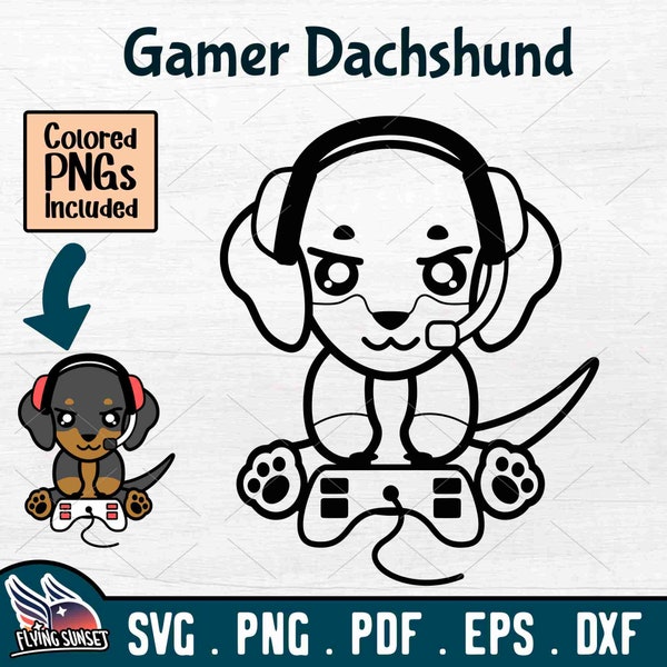 Gamer Dachshund Outline SVG PNG, Funny Wiener Dog, Cricut Silhouette, Nerdy Cut File, Videogame Sticker, Gaming Puppy, Kawaii Streamer DXF