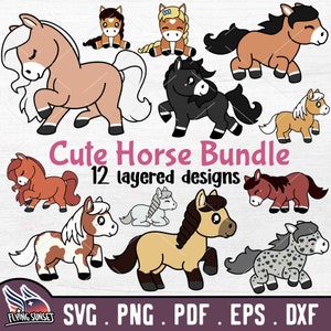 Cheval mignon SVG, Clipart bébé cheval, paquet de visage de poney Kawaii, fichier de coupe équestre, poulain étalon pouliche, silhouette en couches Cowgirl DXF EPS