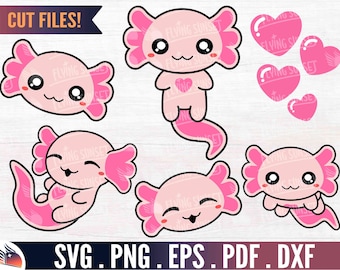 Può includere: Un set di quattro illustrazioni di axolotl rosa con cuori. Gli axolotl hanno occhi grandi e sono in varie pose. Il testo "CUT FILES!" è nella parte superiore dell'immagine. Il testo "SVG.PNG.EPS.PDF.DXF" è nella parte inferiore dell'immagine.