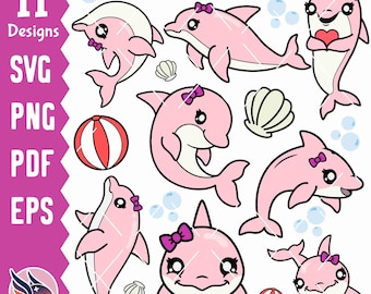 Cute Girl Dolphin SVG, Layered Dolphin Clipart, Baby Female Dolphin PNG Bundle, Kawaii Porpoise Vector, Cricut Cut File, pdf eps dxf