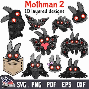 May include: Ten layered designs of a cute cartoon mothman with red eyes and black wings. The mothman is shown in different poses, including holding a heart, peeking out of a pocket, and flying. The designs are perfect for crafting projects, stickers, and more.