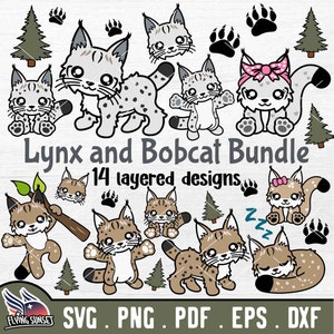 Niedliche Luchs SVG PNG, Baby Bobcat Clipart, Kawaii Winter Waldtier, Berg Puma Cut File Aufkleber, große Katze Maskottchen Cricut, Kanada eps DXF