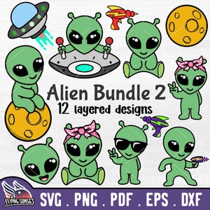 Cute Alien SVG PNG, Alien Face Clipart, Kawaii Cricut Cut File Bundle, Outer Space Set, Alien Shirt Sublimation, Car Sticker Decal pdf DXF