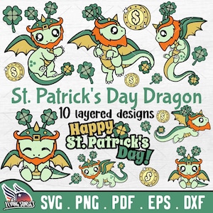 Dzień Świętego Patryka Smok SVG, Słodki Koniczynowy Smok PNG, Powodzenia Złota Moneta Clipart, Irlandzki Plik Cięty Cricut, Święty Patryk eps pdf DXF