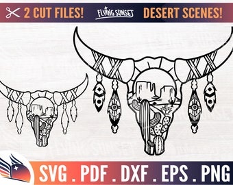 Desert Landscape SVG, Desert Cow Skull svg, Desert Silhouette, Cactus Outline EPS, Desert Sunset DXF, Desert Cut File, Southwest Scene png