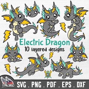 Cute Electric Dragon SVG PNG, Baby Dragon Clipart, Kawaii Dragon Bundle, Lightning Animal Cut File for Cricut, Mythical Thunder Creature DXF
