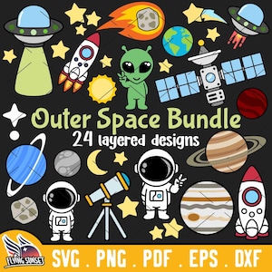 Outer Space SVG, cute planets svg, Solar System Cut Files, Jupiter, Saturn, Astronaut Clipart Bundle, Rocketship SVG, Earth Alien UFO dxf