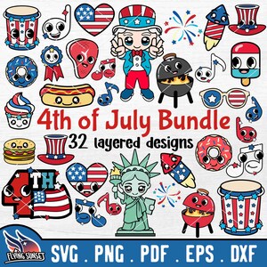 Puede incluir: Un conjunto de 32 dise&ntilde;os en capas para el 4 de julio, con personajes de dibujos animados lindos y s&iacute;mbolos patri&oacute;ticos como estrellas, rayas, fuegos artificiales y un hot dog. Los dise&ntilde;os est&aacute;n disponibles en los formatos SVG, PNG, PDF, EPS y DXF.