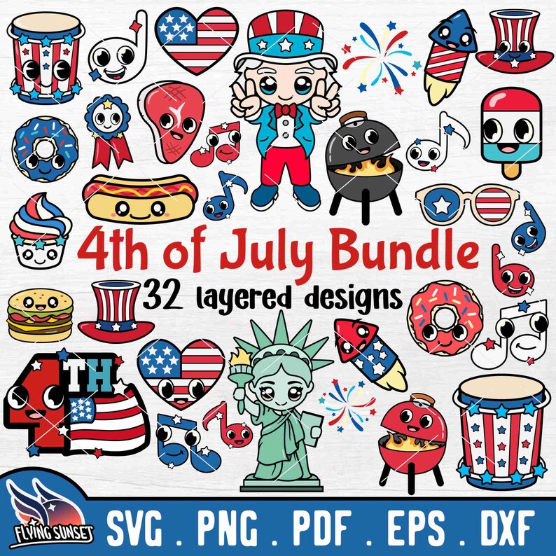 Puede incluir: Un conjunto de 32 dise&ntilde;os en capas para el 4 de julio, con personajes de dibujos animados lindos y s&iacute;mbolos patri&oacute;ticos como estrellas, rayas, fuegos artificiales y un hot dog. Los dise&ntilde;os est&aacute;n disponibles en los formatos SVG, PNG, PDF, EPS y DXF.