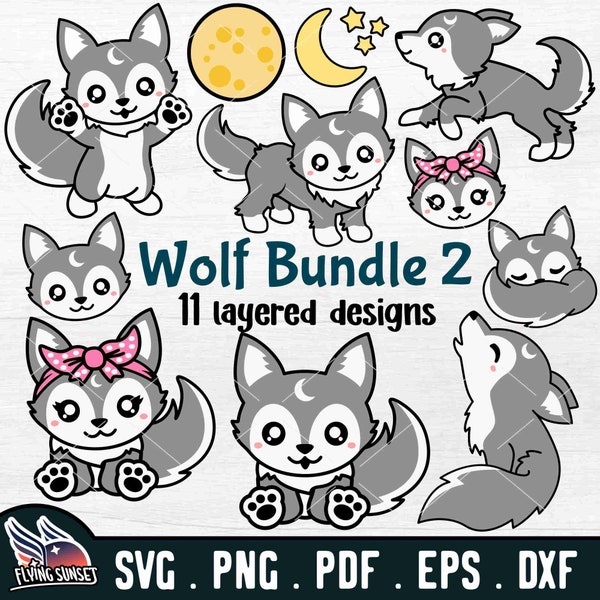 Baby Wolf SVG PNG, Cute Wolf Cut File Cricut, Woodland Animal Onesie Sublimation, Wolfpack Clipart, Kawaii Wolf Pup Cub Bundle eps pdf DXF