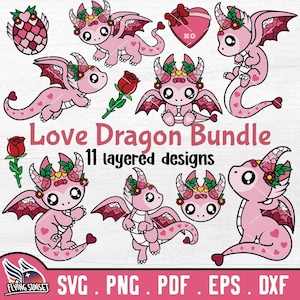 Liebe Drache SVG Bundle, süße Drache Clipart PNG, Herz Drache Cricut geschnitten Datei Download, Kawaii Rose, Schachtel Pralinen digitaler Download DXF