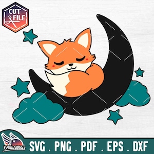 Fox Sleeping SVG, Cute Fox Moon PNG, Kawaii Pup Cut File, Baby Woodland Animal Layered Clipart, Forest Sticker Printable, Sleepy Snooze DXF