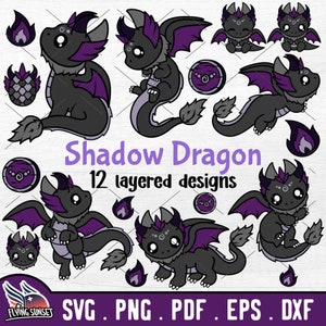 Shadow Dragon SVG, PNG mignon dragon de nuit, jeton flamme sombre, oeuf de dragon, créature mythique coupe fichier Cricut, Kawaii Dragon Bundle eps pdf DXF