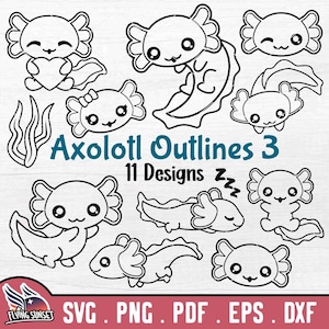 Axolotl Outline SVG, Axolotl bonito PNG, página para colorir Axolotl, pacote de clipart Kawaii, cartão adesivo, camisa de aniversário, arquivo Cricut Cut DXF