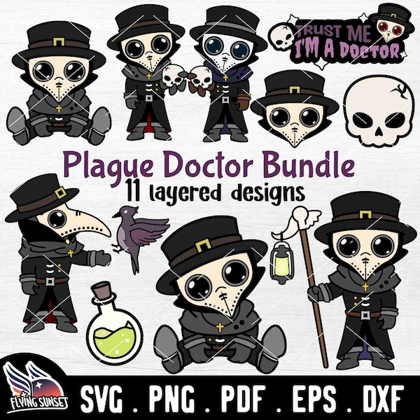 Cute Plague Doctor Clipart, Black Plague Mask SVG PNG, Kawaii Goth Gothic Doctor, Steampunk Sticker Printable, Creepy Spooky Halloween DXF