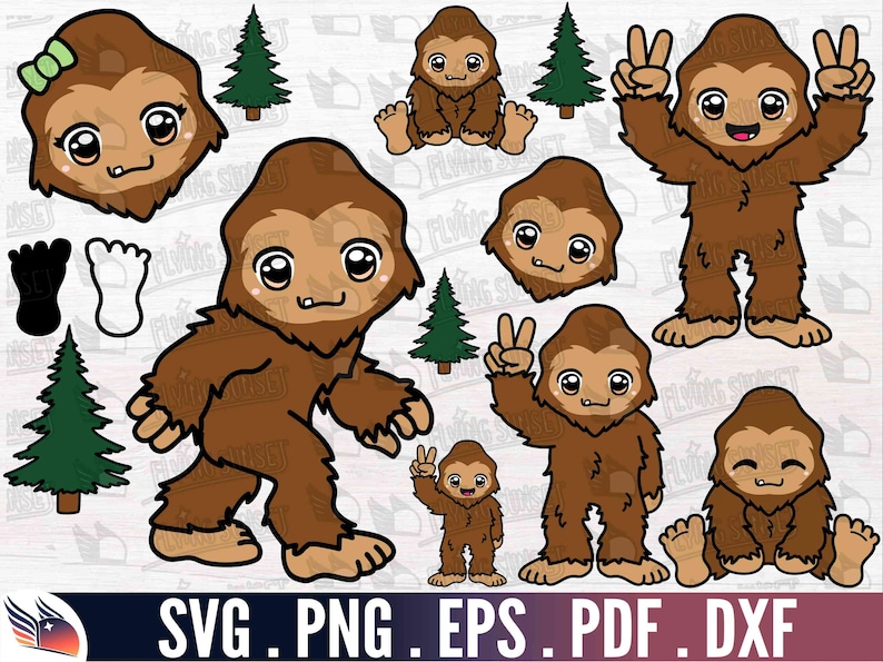 May include: A set of nine digital clipart images featuring cute cartoon Bigfoot characters in various poses. The Bigfoot characters are brown with large eyes and are wearing a variety of expressions. The images are perfect for use in crafting projects, scrapbooking, and digital design.