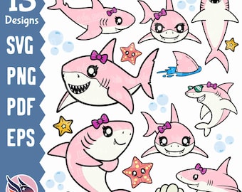 Cute Girl Shark SVG, Baby Shark Clipart, Great White Shark PNG, Cartoon Animal, Shark Birthday Images pdf eps dxf, Cricut Cut Files