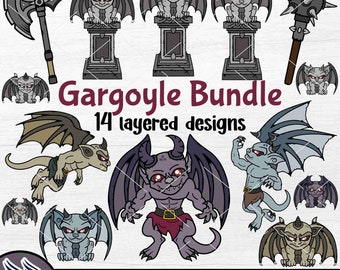 Cute Gargoyle SVG, Gargoyle Clip Art, Demon Statue Cricut Cut File, Digital Download, Gothic PNG Bundle, Kawaii Gargoyle Clipart DXF