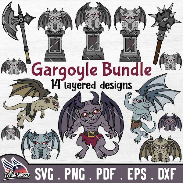 Cute Gargoyle SVG, Gargoyle Clip Art, Demon Statue Cricut Cut File, Digital Download, Gothic PNG Bundle, Kawaii Gargoyle Clipart DXF