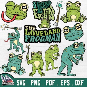ラブランド フロッグマン SVG バンドル、かわいい未確認生物カット ファイル、レイヤード ビニール デカール オハイオ、不気味な漫画シャツ昇華、インスタント ダウンロード eps pdf DXF