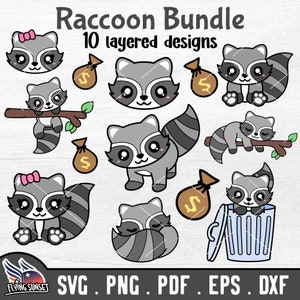 Cute Raccoon SVG Clipart, Kawaii Trash Panda PNG, Layered Cut File, Cricut Silhouette, Sleeping Face Cartoon, Birthday Vinyl Money Bag DXF