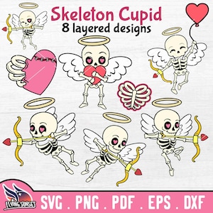Skeleton Cupid SVG, Creepy Cupid PNG, Goth Spooky Valentines Day Bundle, Creepy Valentines svg, Spooky Love DXF, Zombie Heart, Skull Bones